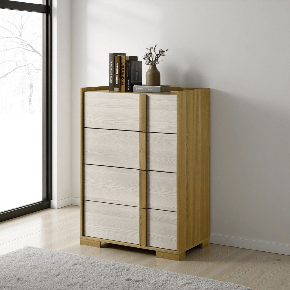 Benjara Hyle Tall Dresser Chest, 4 Drawers, Modern Natural Brown And White