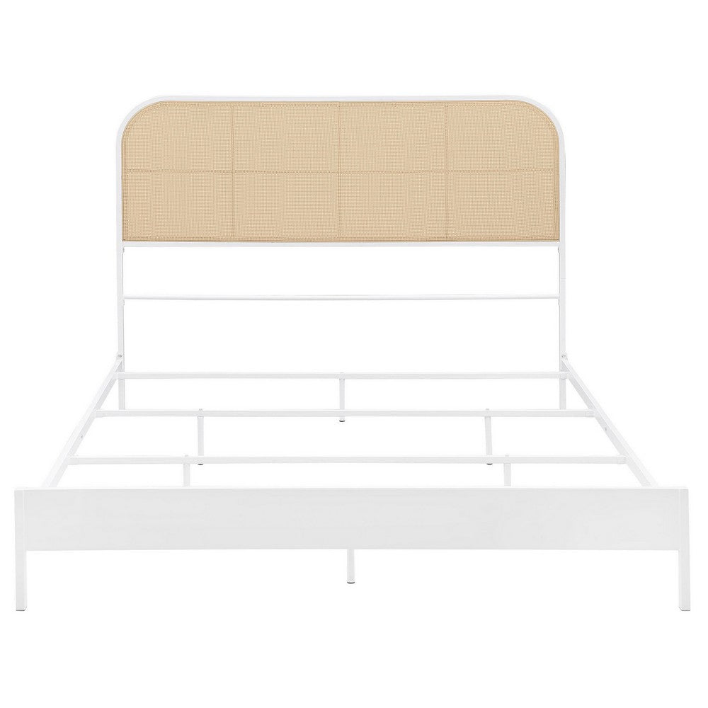 Benjara Ammy Queen Bed, Radio Weave Headboard, Brown Faux Rattan, White Metal