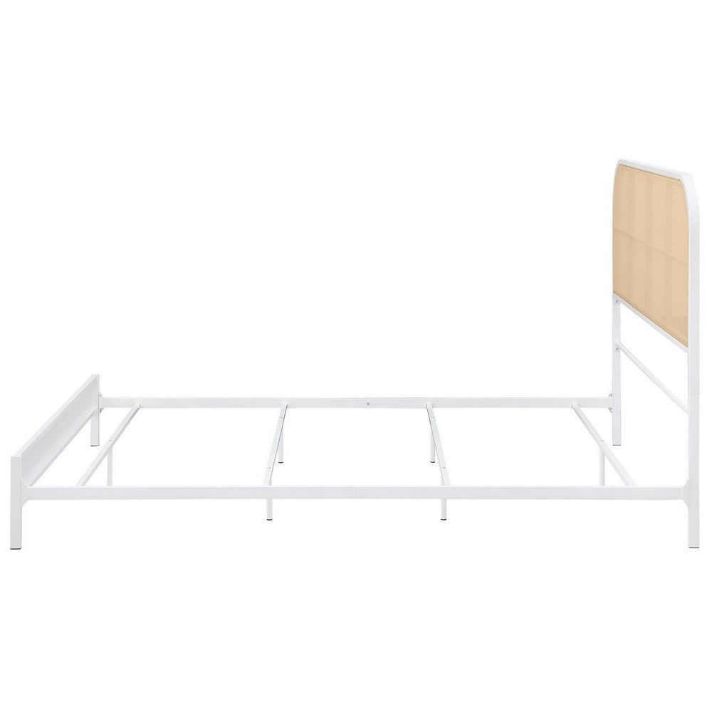 Benjara Ammy Queen Bed, Radio Weave Headboard, Brown Faux Rattan, White Metal