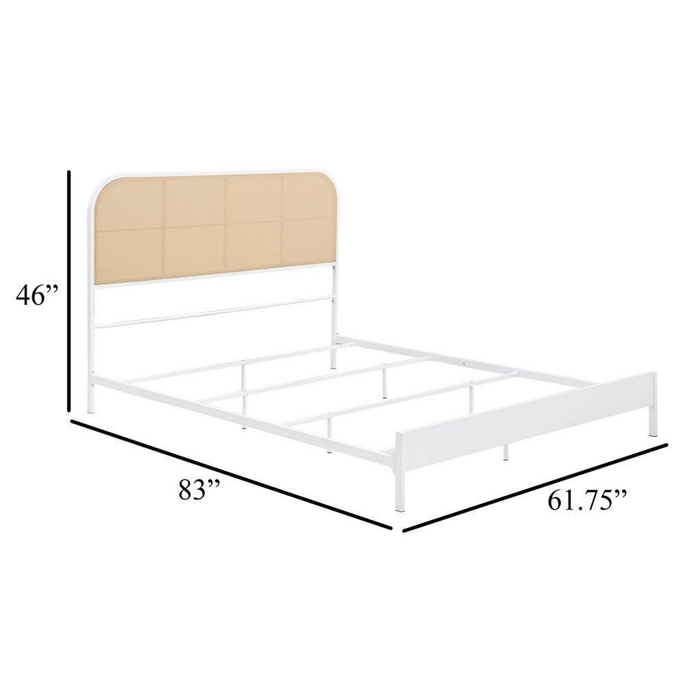 Benjara Ammy Queen Bed, Radio Weave Headboard, Brown Faux Rattan, White Metal