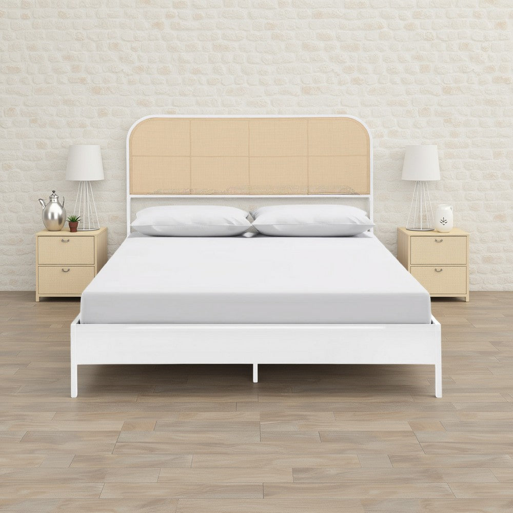 Benjara Ammy Queen Bed, Radio Weave Headboard, Brown Faux Rattan, White Metal