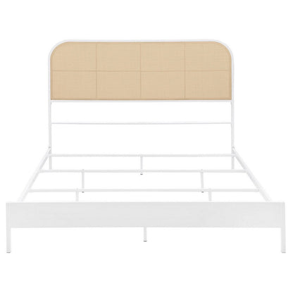 Benjara Ammy King Bed, Radio Weave Headboard, Brown Faux Rattan, White Metal
