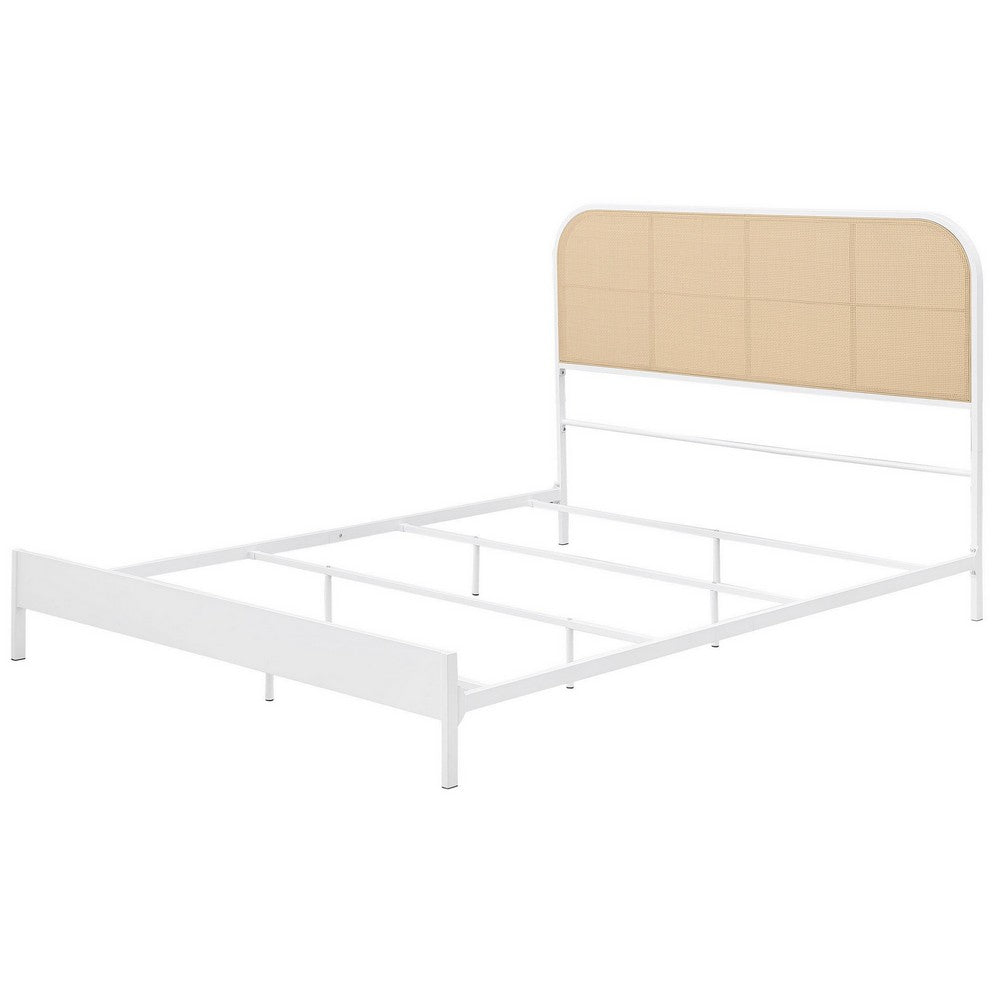 Benjara Ammy King Bed, Radio Weave Headboard, Brown Faux Rattan, White Metal