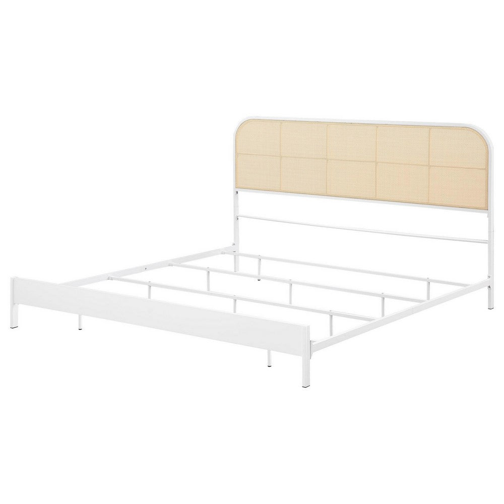 Benjara Ammy King Bed, Radio Weave Headboard, Brown Faux Rattan, White Metal