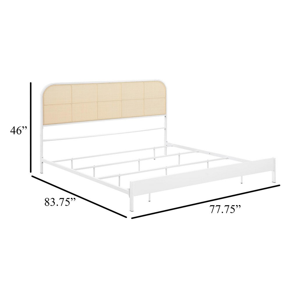 Benjara Ammy King Bed, Radio Weave Headboard, Brown Faux Rattan, White Metal