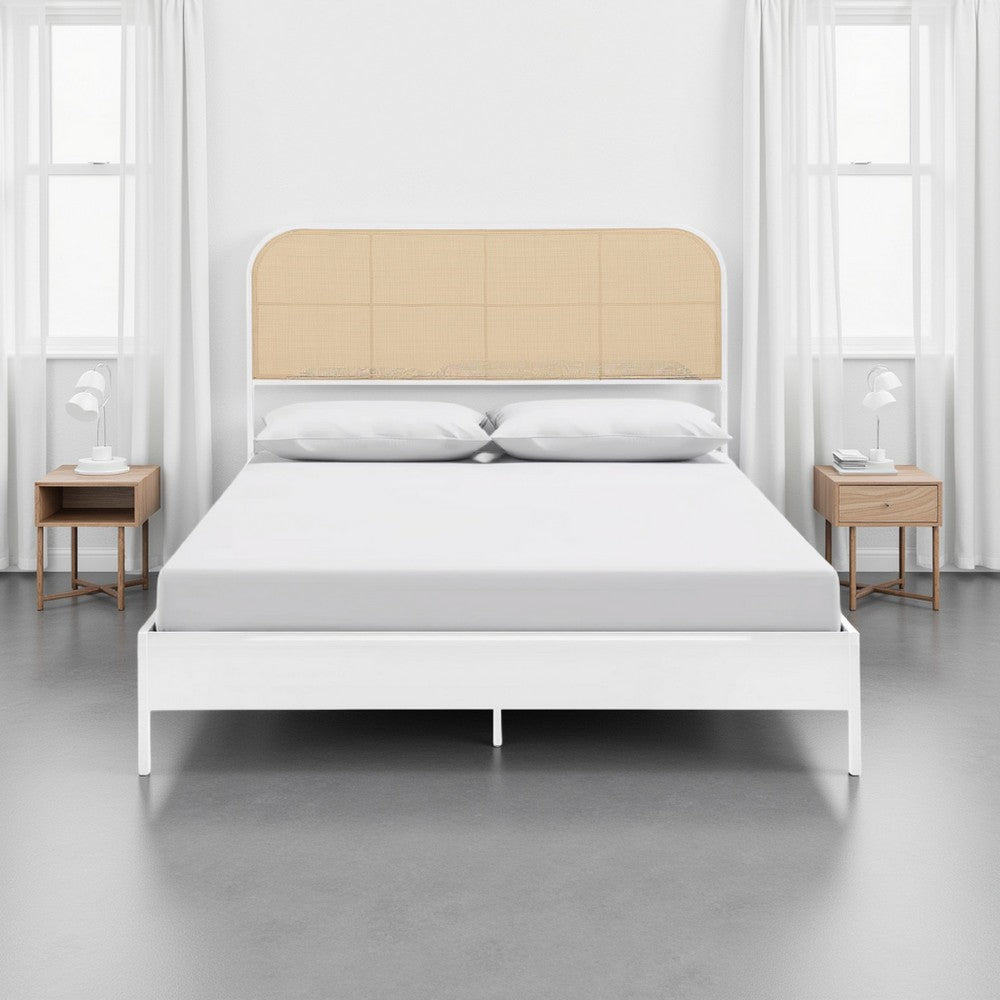 Benjara Ammy King Bed, Radio Weave Headboard, Brown Faux Rattan, White Metal