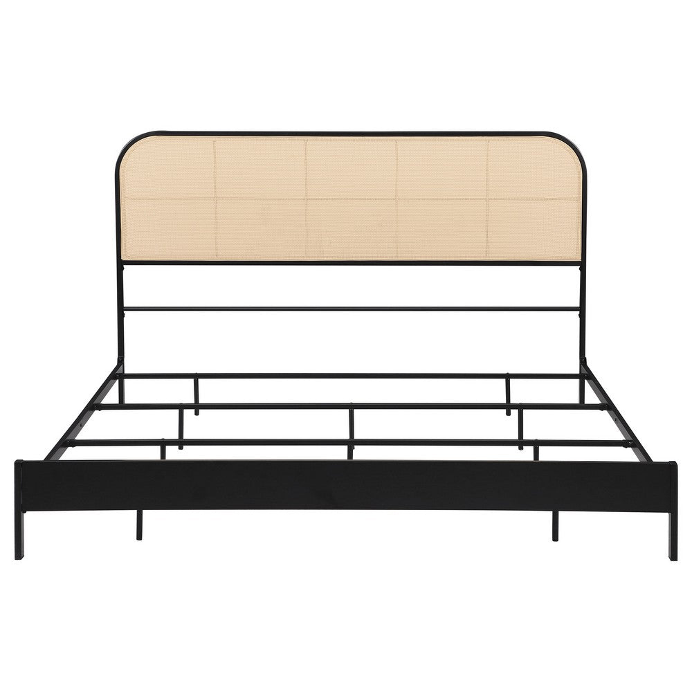 Benjara Ammy King Bed, Radio Weave Headboard, Brown Faux Rattan, Black Metal