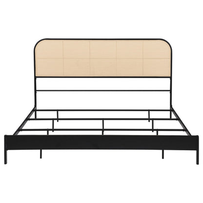 Benjara Ammy King Bed, Radio Weave Headboard, Brown Faux Rattan, Black Metal