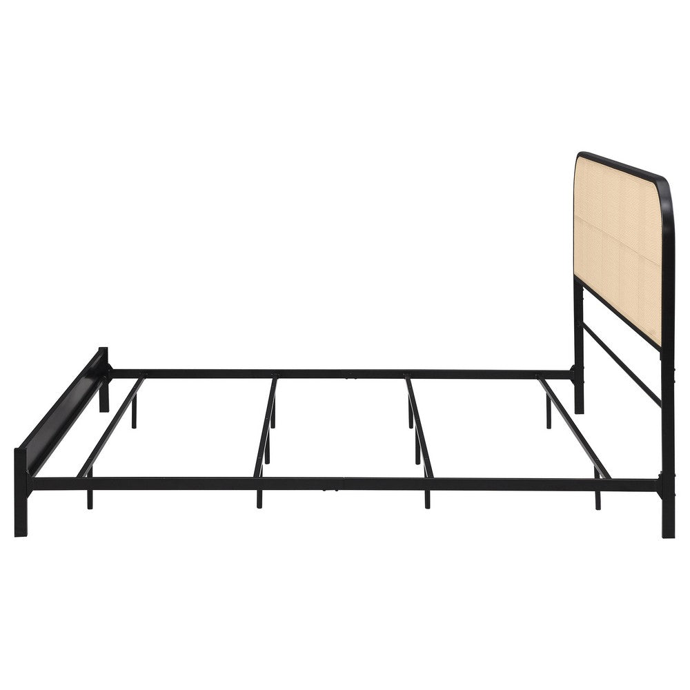 Benjara Ammy King Bed, Radio Weave Headboard, Brown Faux Rattan, Black Metal