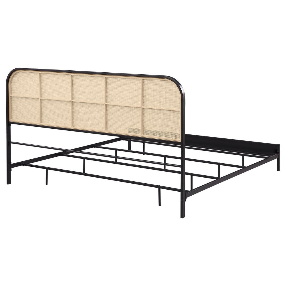 Benjara Ammy King Bed, Radio Weave Headboard, Brown Faux Rattan, Black Metal