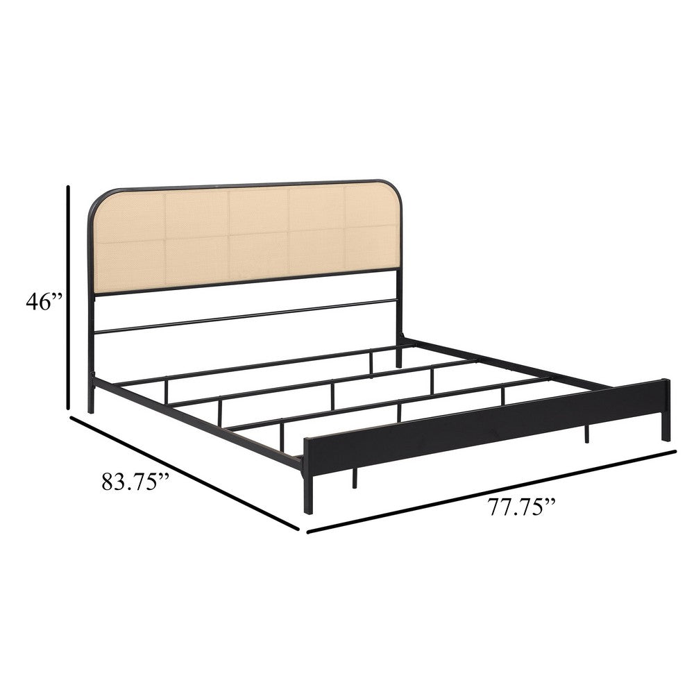 Benjara Ammy King Bed, Radio Weave Headboard, Brown Faux Rattan, Black Metal