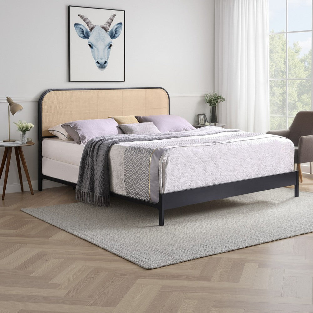 Benjara Ammy King Bed, Radio Weave Headboard, Brown Faux Rattan, Black Metal