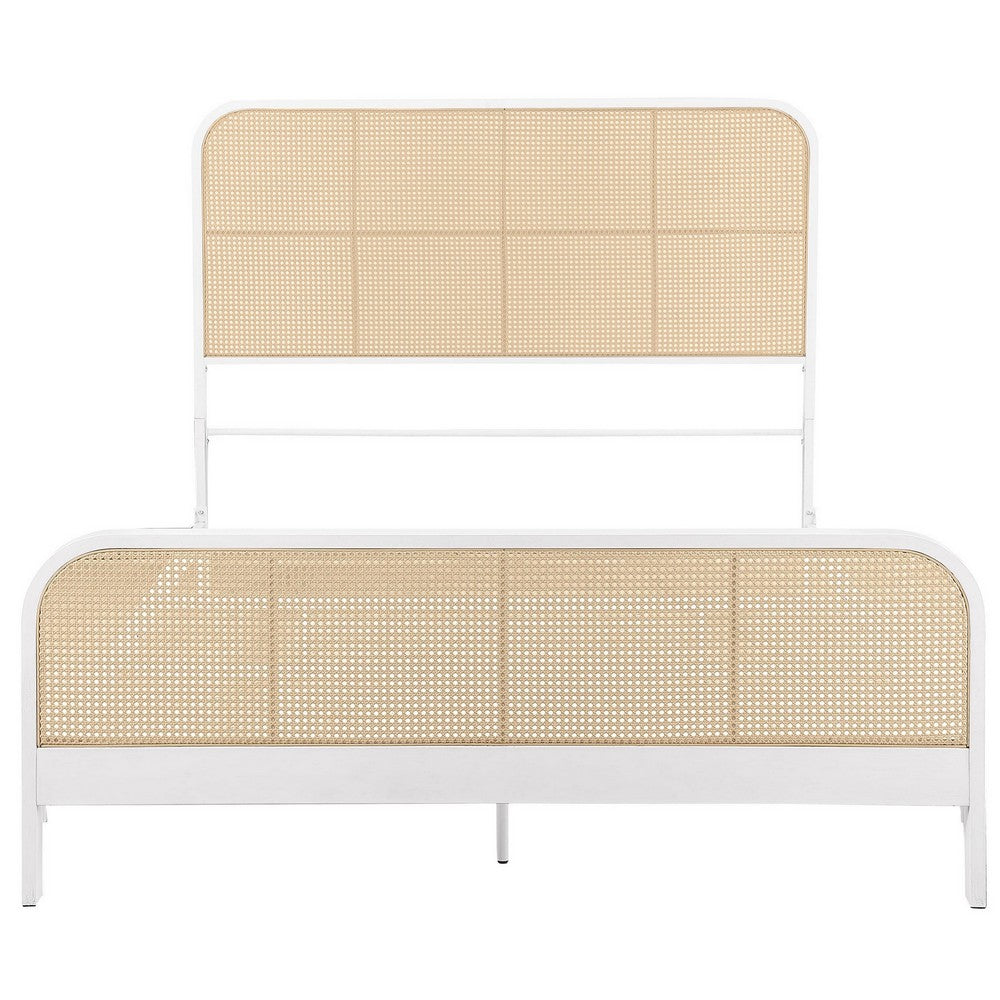 Benjara Lanie Queen Bed with Brown Open Cane Webbing Faux Rattan, White Metal