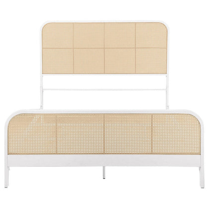 Benjara Lanie Queen Bed with Brown Open Cane Webbing Faux Rattan, White Metal