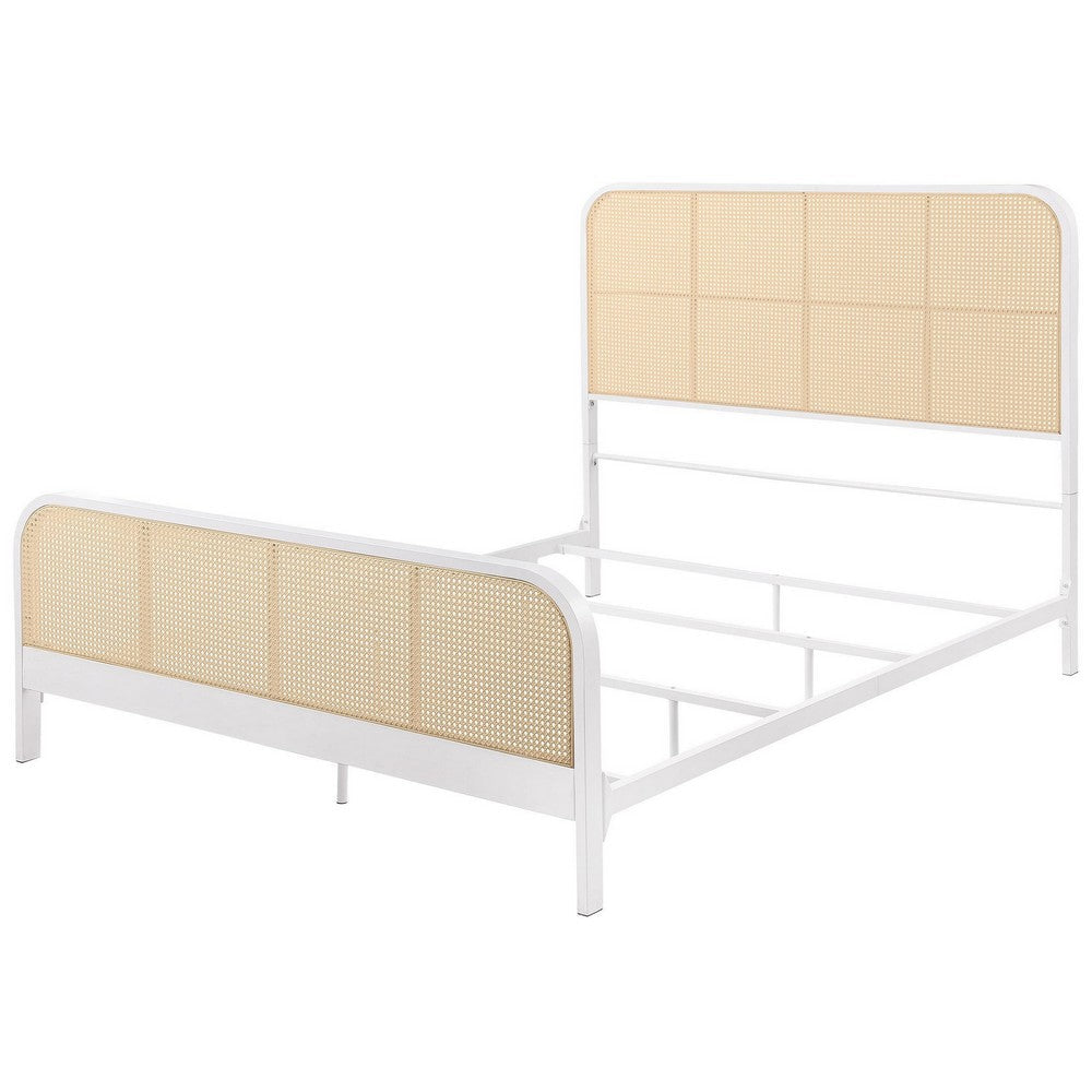 Benjara Lanie Queen Bed with Brown Open Cane Webbing Faux Rattan, White Metal