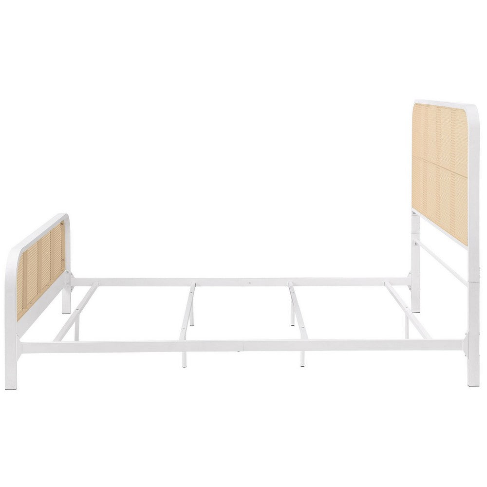Benjara Lanie Queen Bed with Brown Open Cane Webbing Faux Rattan, White Metal