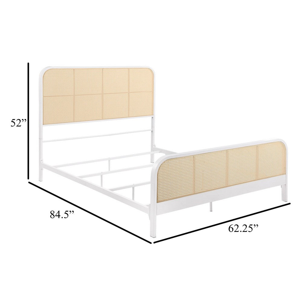 Benjara Lanie Queen Bed with Brown Open Cane Webbing Faux Rattan, White Metal