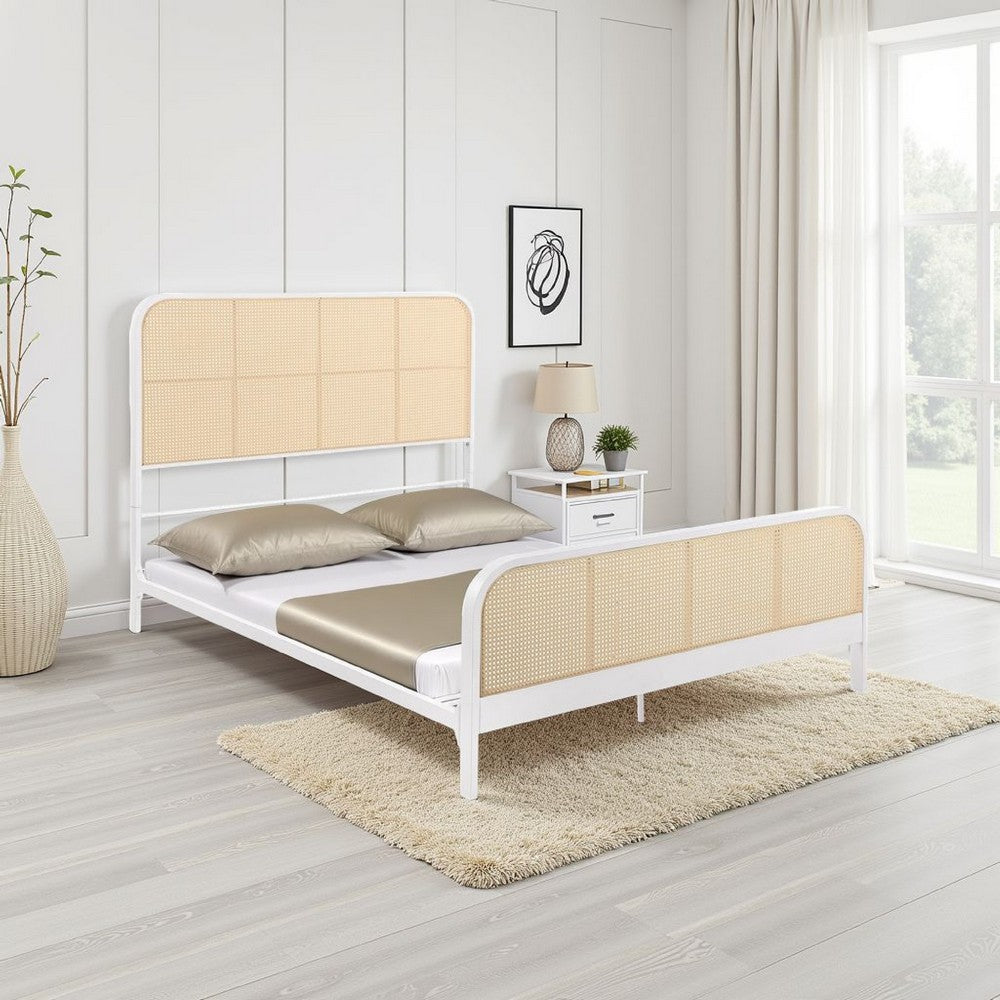 Benjara Lanie Queen Bed with Brown Open Cane Webbing Faux Rattan, White Metal