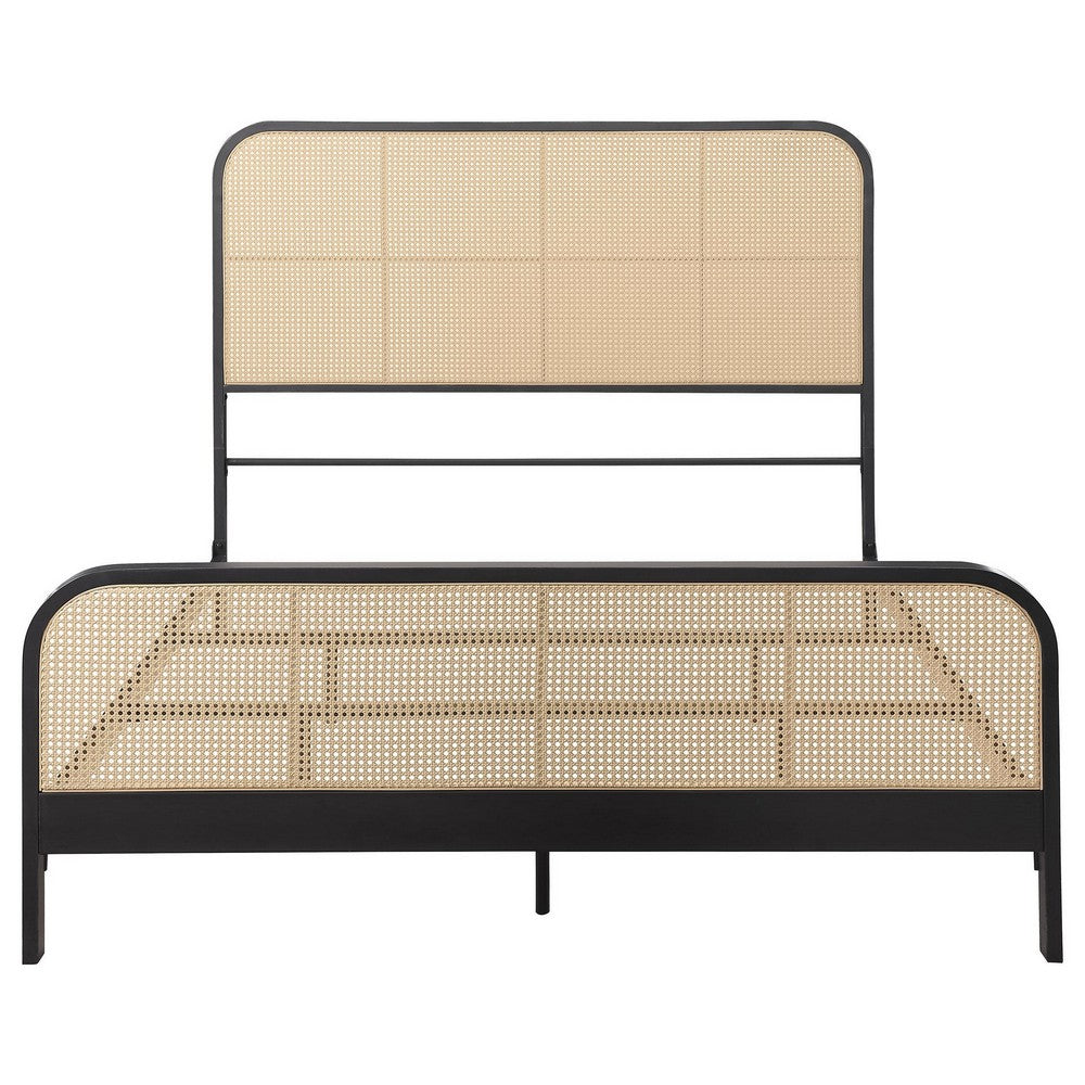 Benjara Lanie Queen Bed with Brown Open Cane Webbing Faux Rattan, Black Metal