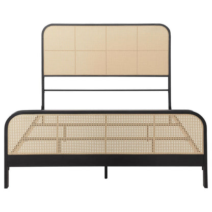 Benjara Lanie Queen Bed with Brown Open Cane Webbing Faux Rattan, Black Metal
