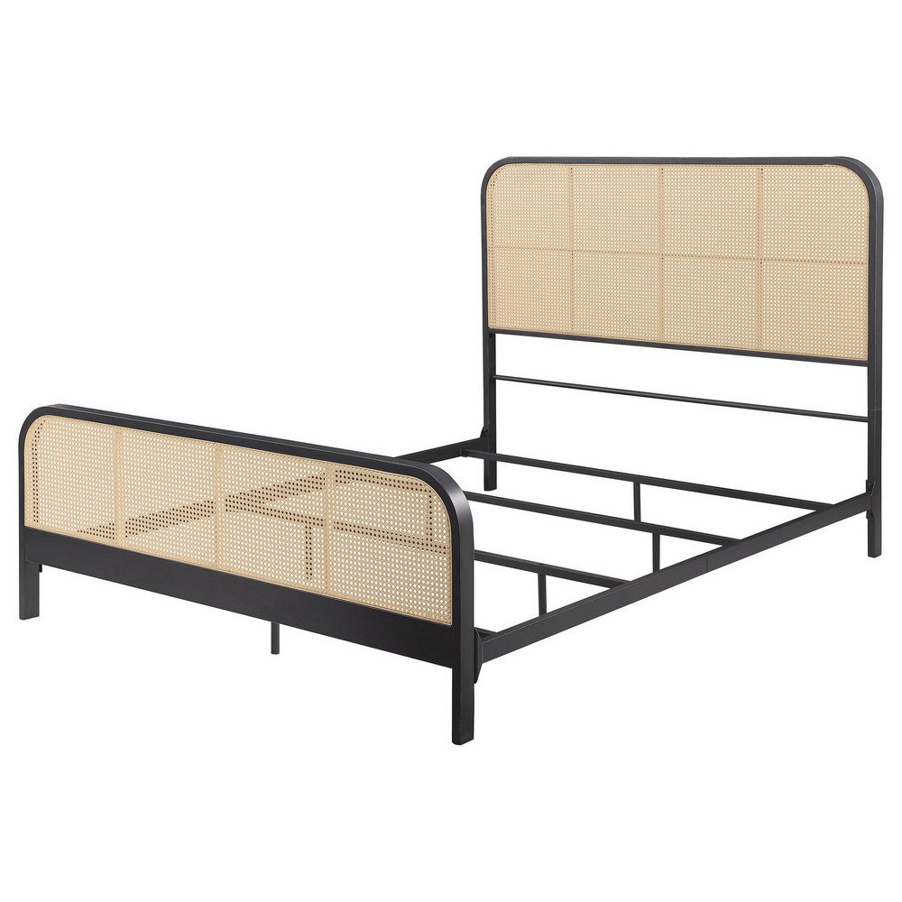 Benjara Lanie Queen Bed with Brown Open Cane Webbing Faux Rattan, Black Metal