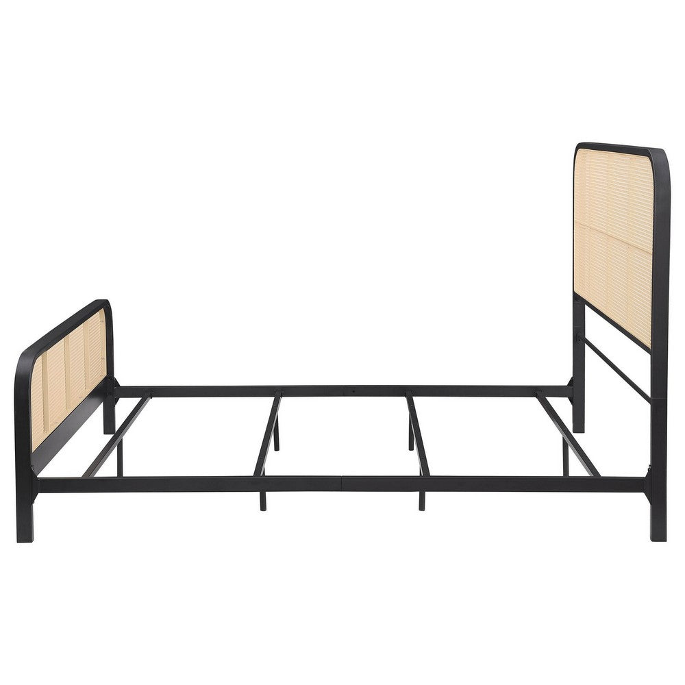Benjara Lanie Queen Bed with Brown Open Cane Webbing Faux Rattan, Black Metal