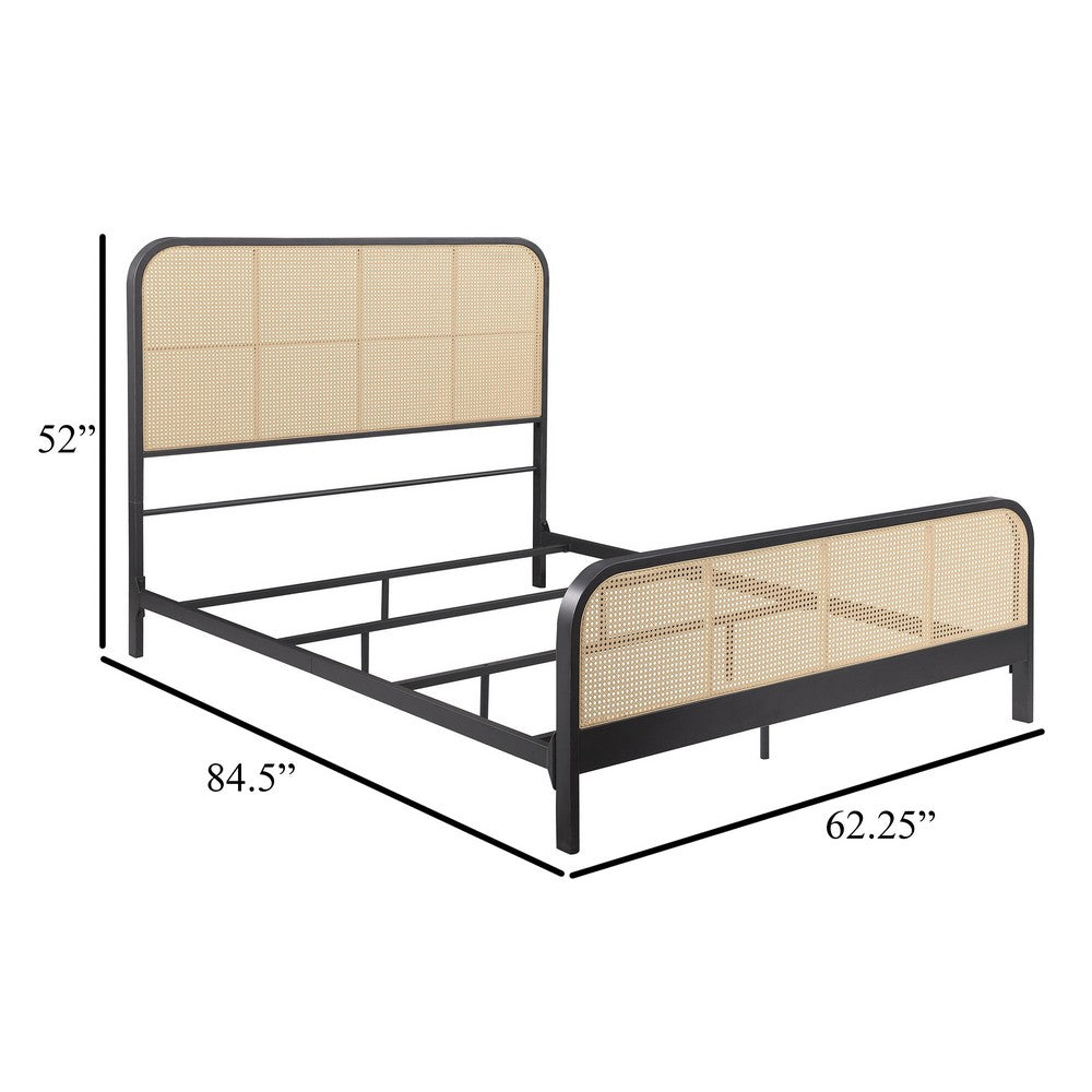 Benjara Lanie Queen Bed with Brown Open Cane Webbing Faux Rattan, Black Metal
