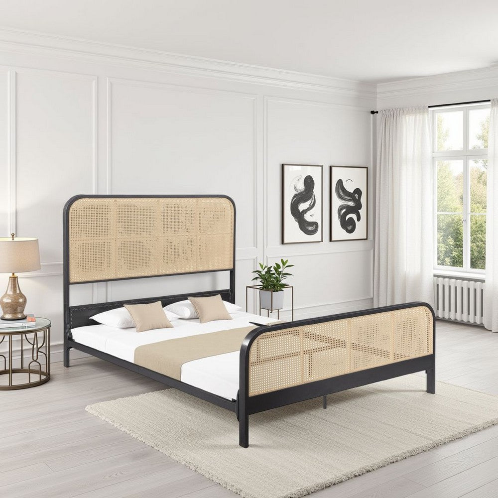 Benjara Lanie Queen Bed with Brown Open Cane Webbing Faux Rattan, Black Metal