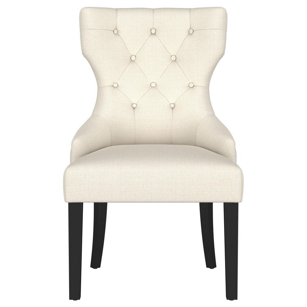 Benjara Aney Dining Side Chair, Curved Barrel Design, Beige Fabric, Black Wood