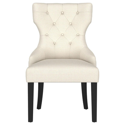 Benjara Aney Dining Side Chair, Curved Barrel Design, Beige Fabric, Black Wood