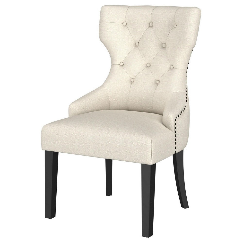 Benjara Aney Dining Side Chair, Curved Barrel Design, Beige Fabric, Black Wood