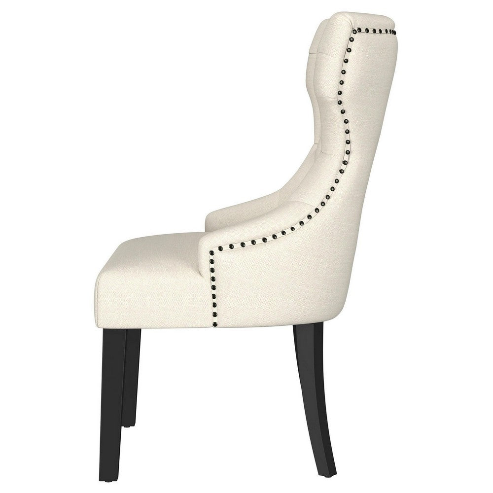 Benjara Aney Dining Side Chair, Curved Barrel Design, Beige Fabric, Black Wood