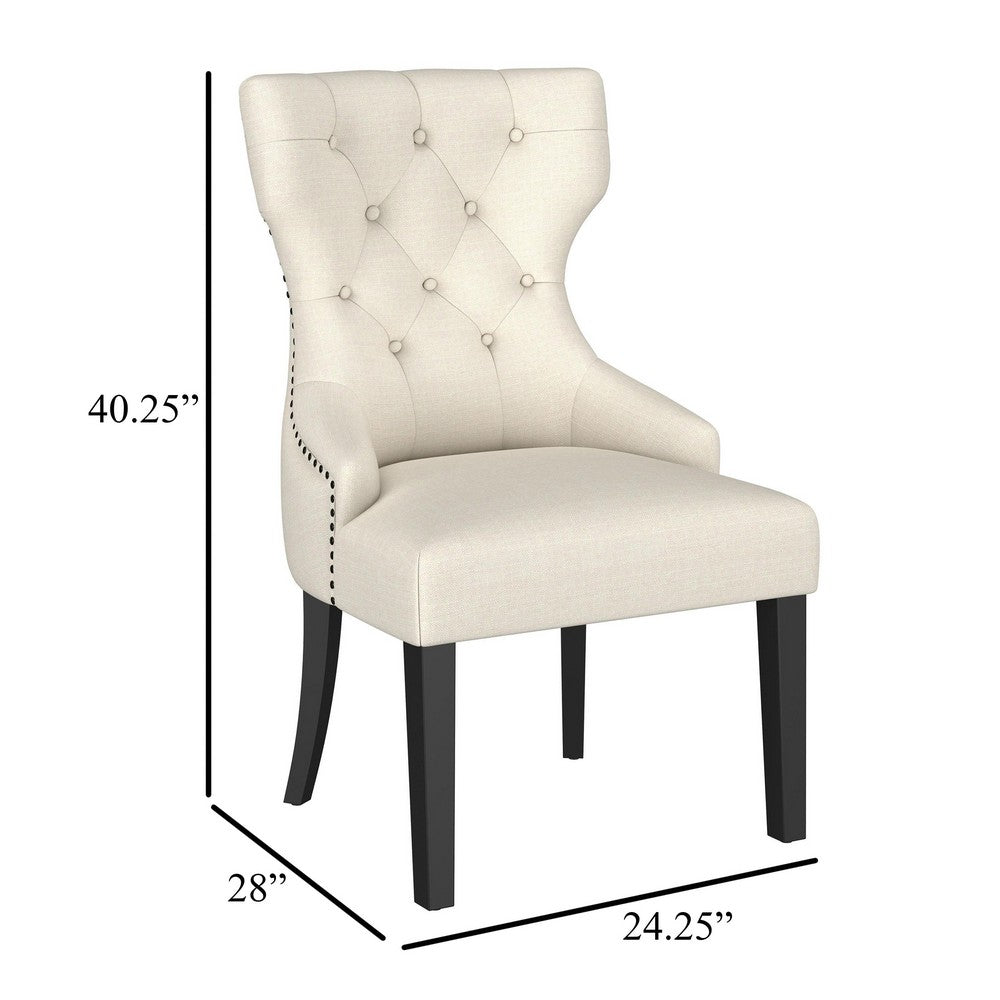 Benjara Aney Dining Side Chair, Curved Barrel Design, Beige Fabric, Black Wood