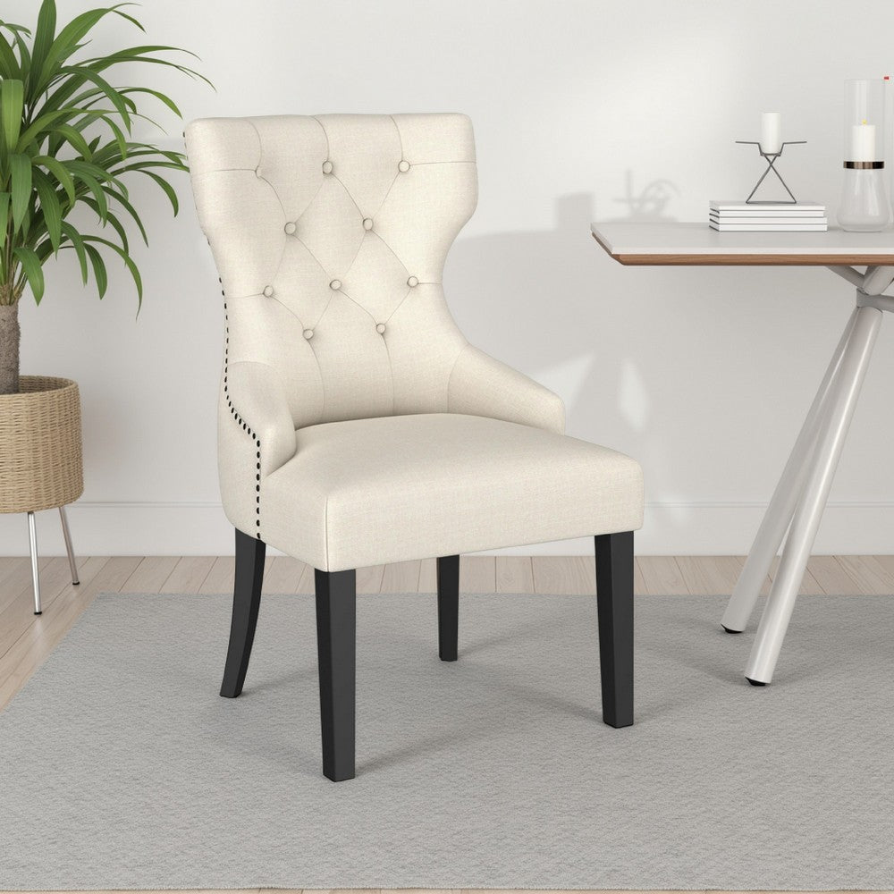 Benjara Aney Dining Side Chair, Curved Barrel Design, Beige Fabric, Black Wood