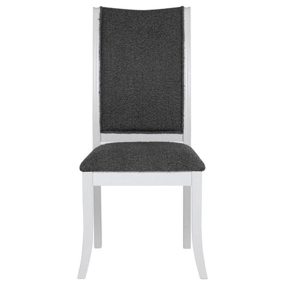Benjara Judy Dining Side Chair Set of 2, Flared Legs, White Wood, Gray Fabric
