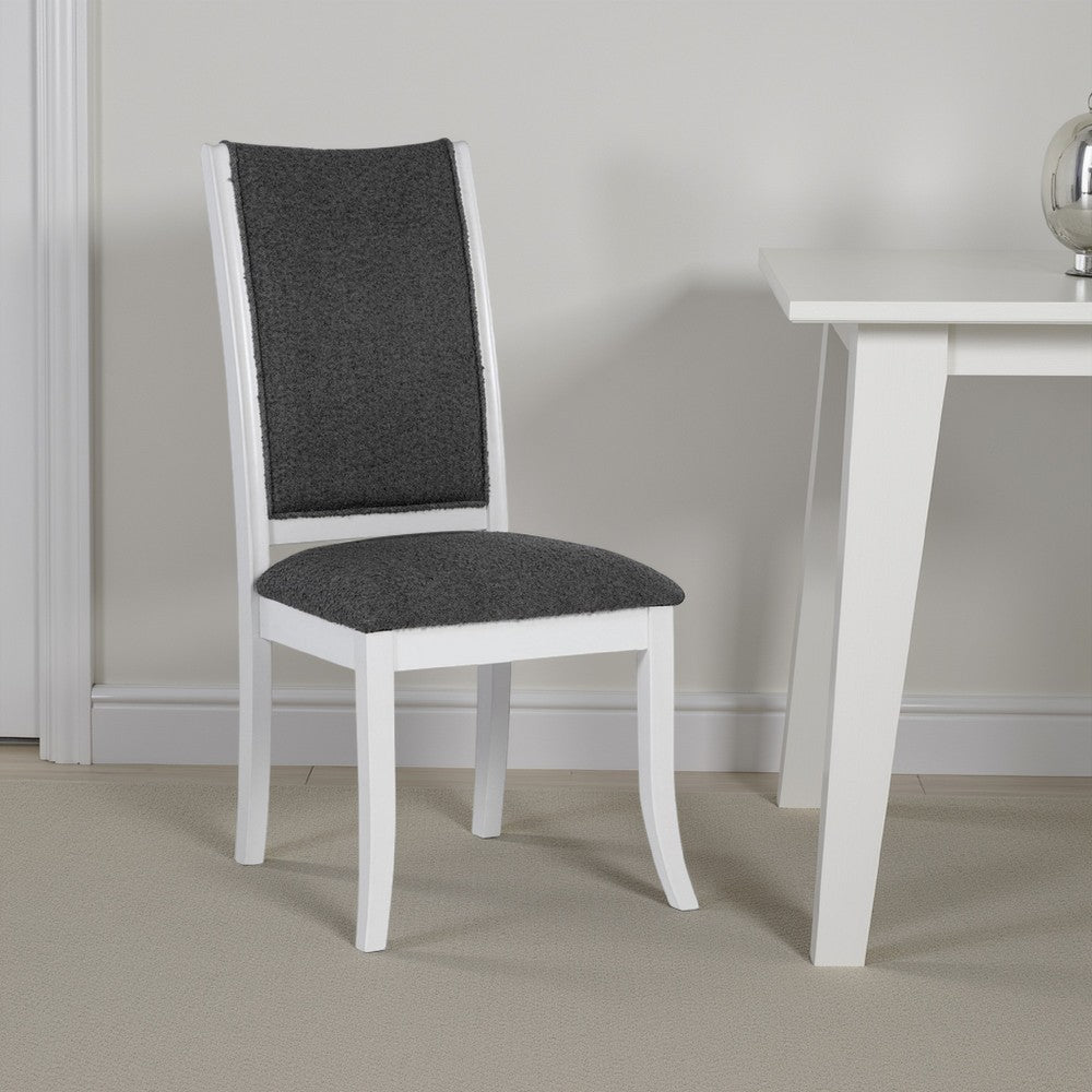 Benjara Judy Dining Side Chair Set of 2, Flared Legs, White Wood, Gray Fabric
