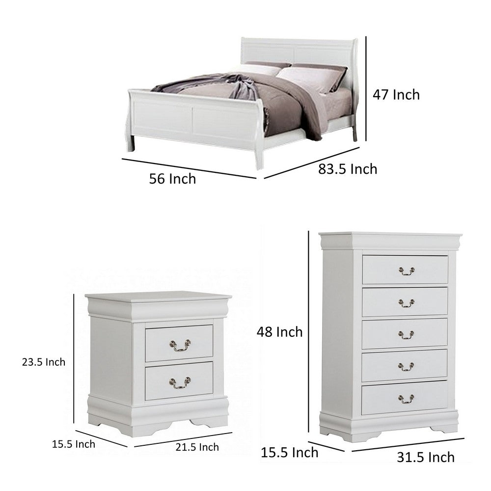 Benjara Ry Three Piece Full Size Bedroom Set, Sleek Modern Transitional Style, White