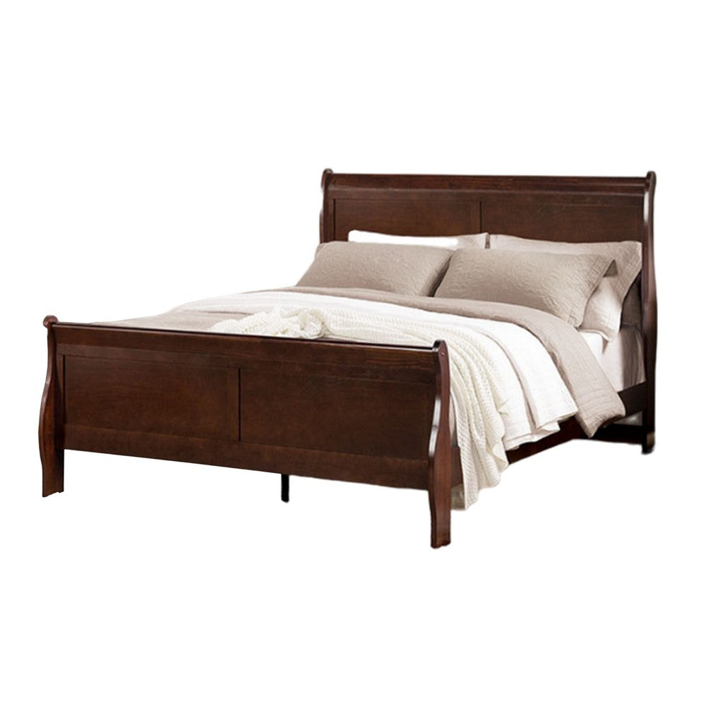 Benjara Poy Three Piece Full Size Bedroom Set, Metal Hanging Pulls, Cherry Brown Wood