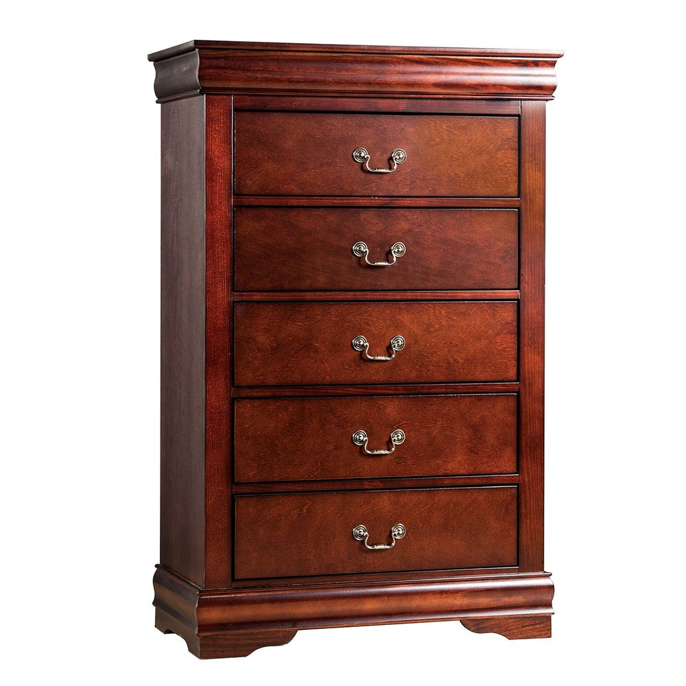 Benjara Poy Three Piece Full Size Bedroom Set, Metal Hanging Pulls, Cherry Brown Wood