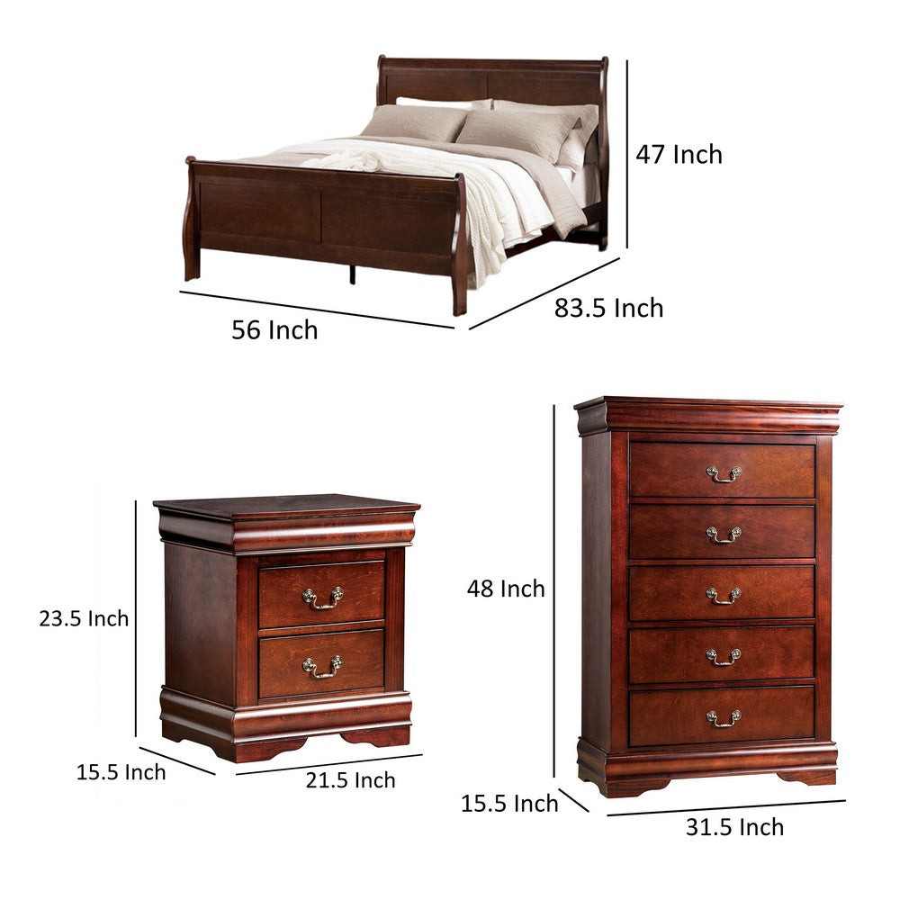Benjara Poy Three Piece Full Size Bedroom Set, Metal Hanging Pulls, Cherry Brown Wood