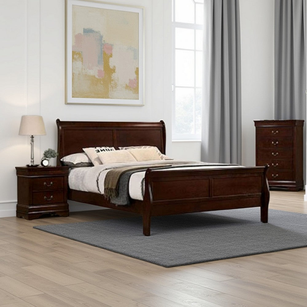 Benjara Poy Three Piece Full Size Bedroom Set, Metal Hanging Pulls, Cherry Brown Wood