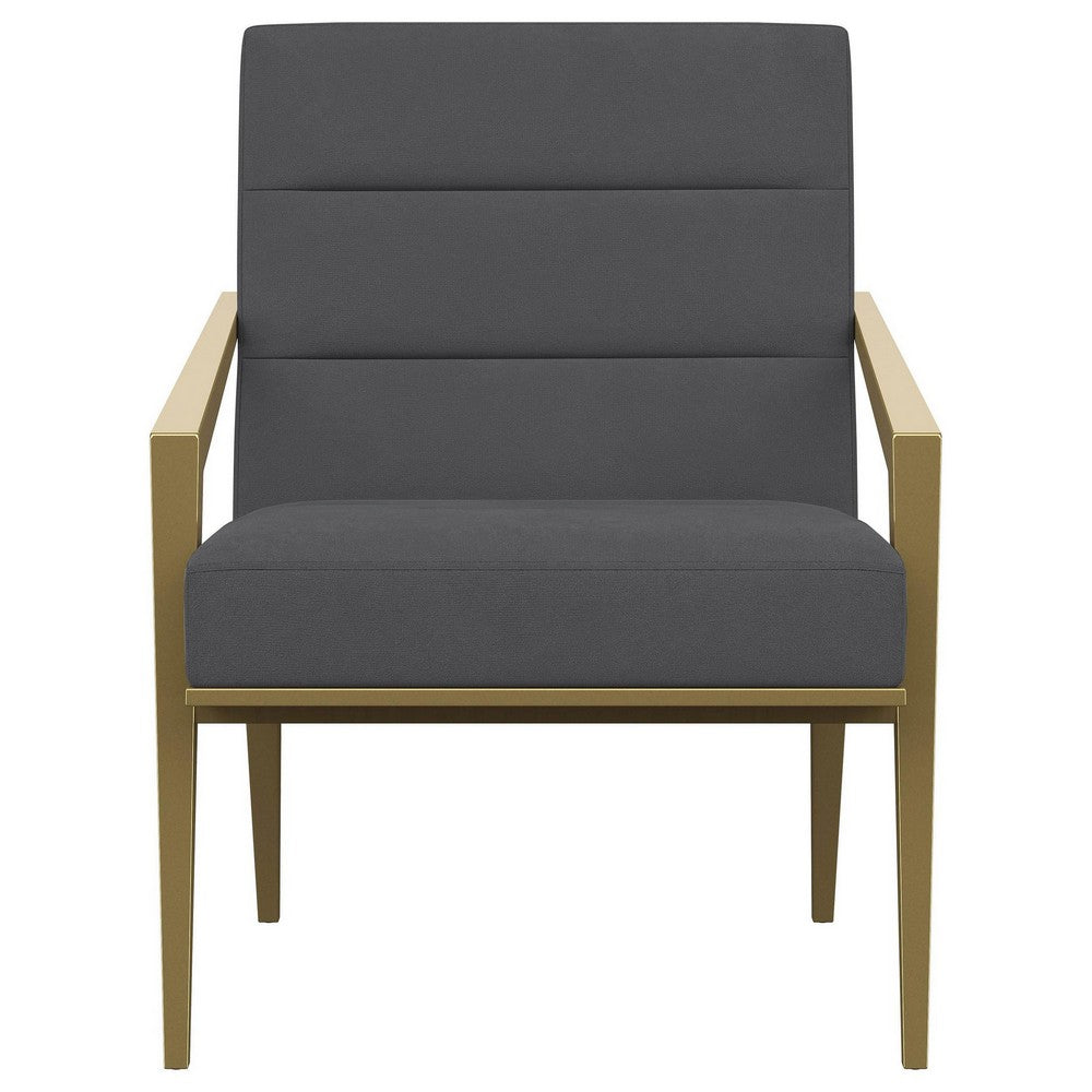 Benjara Kiara Accent Chair, Channel Tufted Dark Gray Fabric, Gold Metal Frame