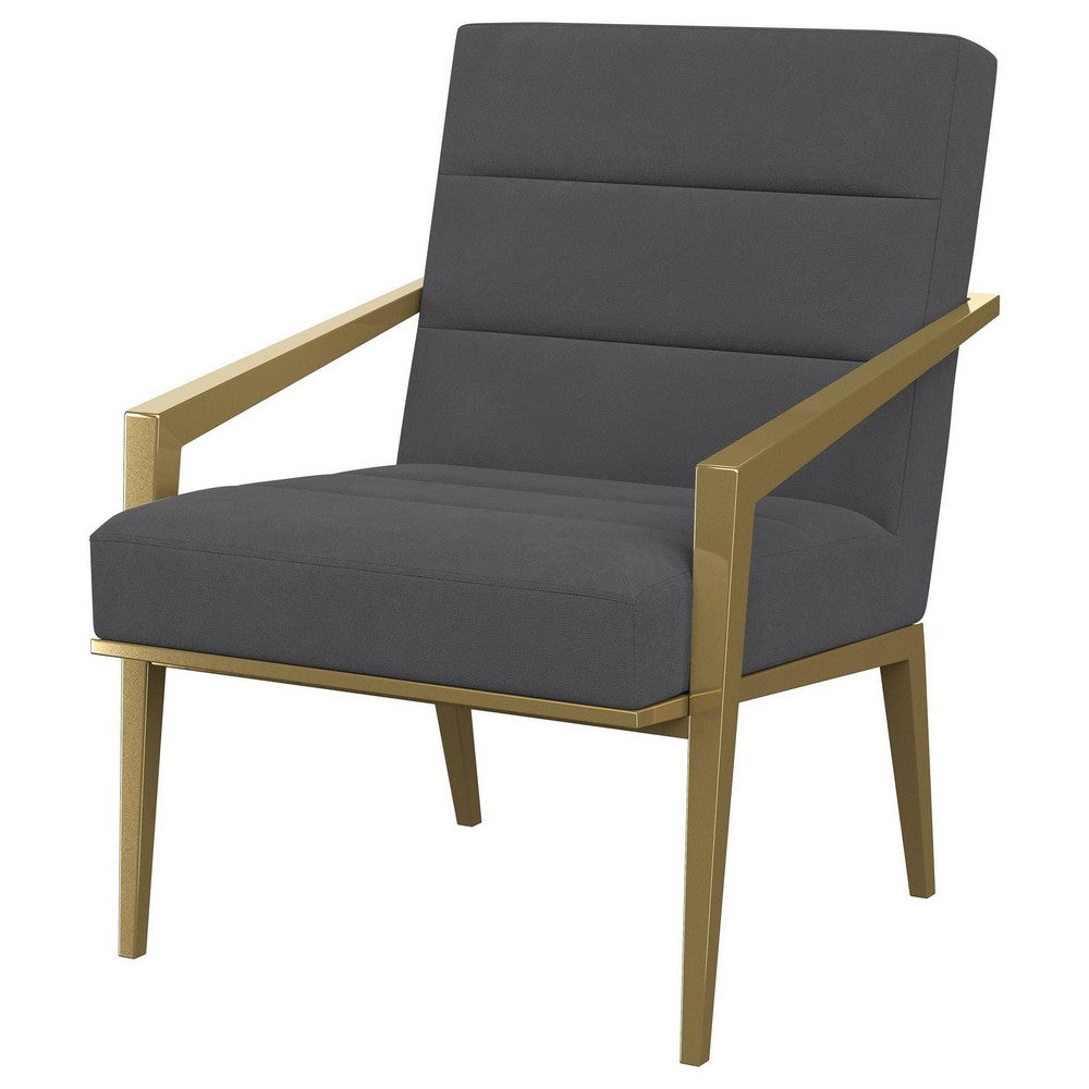 Benjara Kiara Accent Chair, Channel Tufted Dark Gray Fabric, Gold Metal Frame