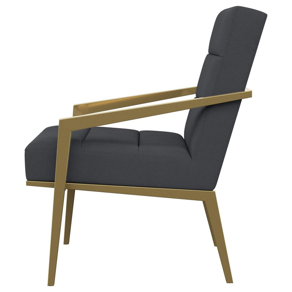 Benjara Kiara Accent Chair, Channel Tufted Dark Gray Fabric, Gold Metal Frame