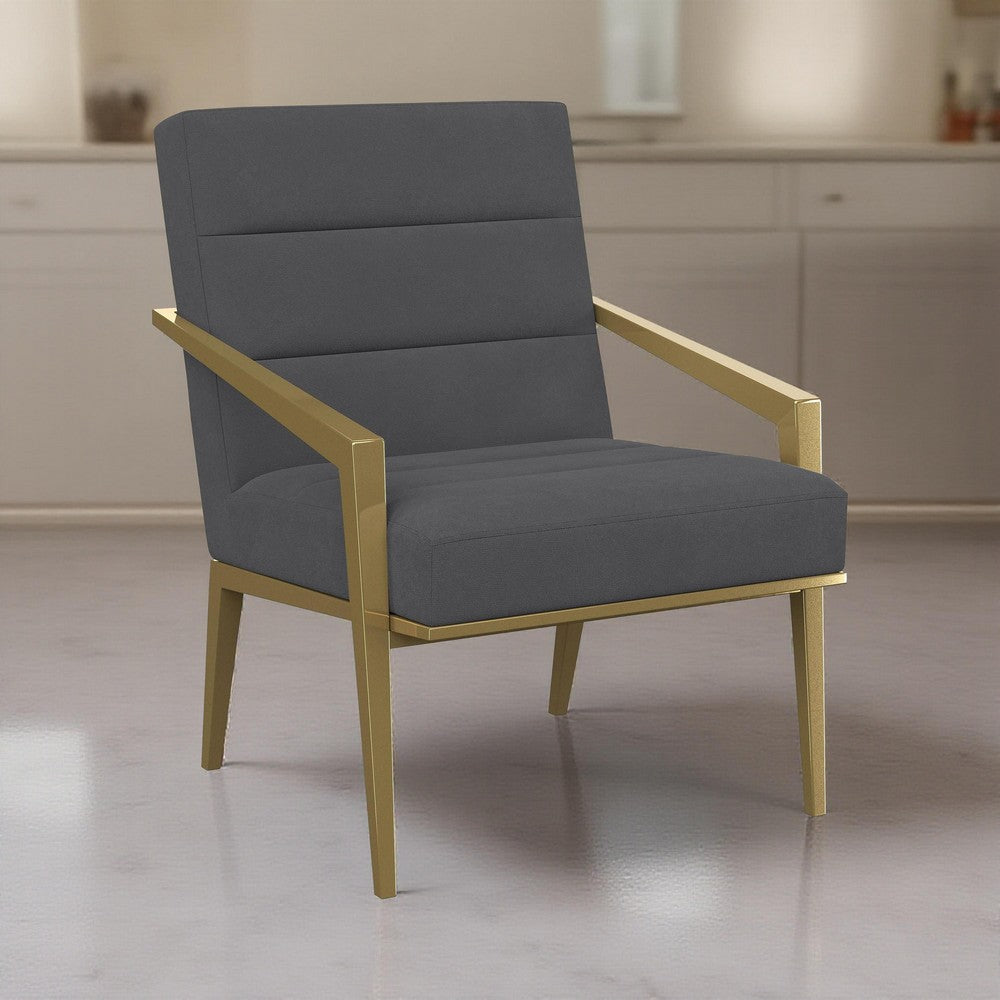 Benjara Kiara Accent Chair, Channel Tufted Dark Gray Fabric, Gold Metal Frame