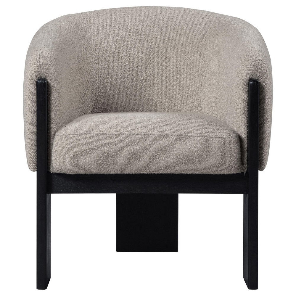 Benjara Vala Accent Chair, Modern Plush Beige Boucle Barrel Back, Black Wood
