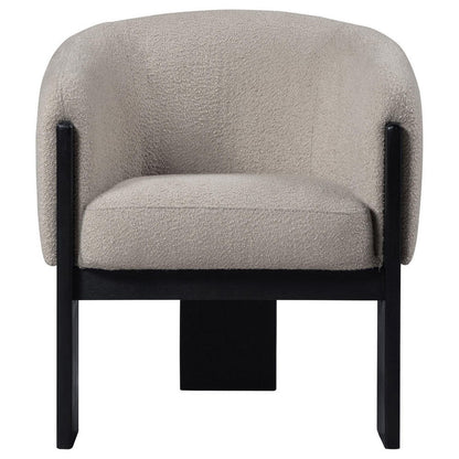 Benjara Vala Accent Chair, Modern Plush Beige Boucle Barrel Back, Black Wood