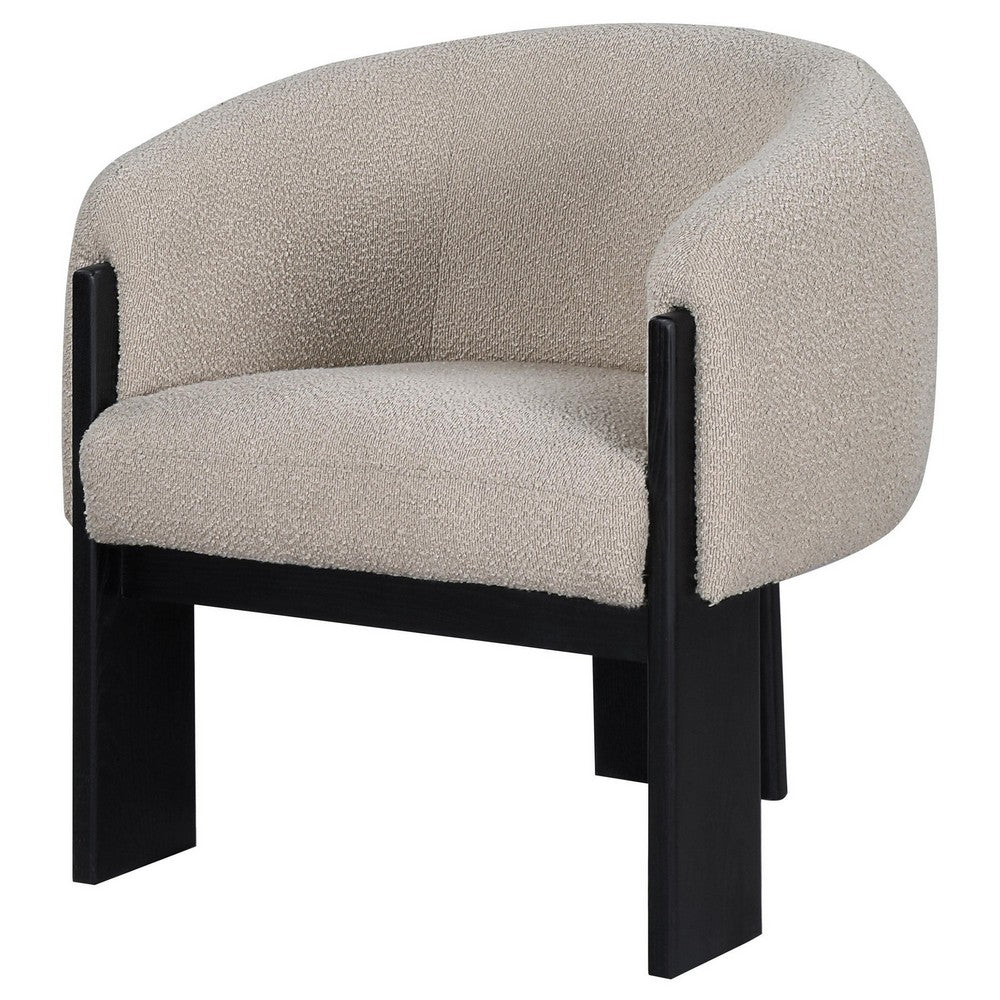 Benjara Vala Accent Chair, Modern Plush Beige Boucle Barrel Back, Black Wood