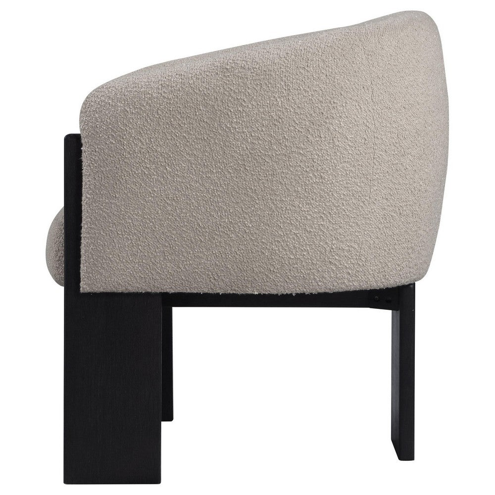 Benjara Vala Accent Chair, Modern Plush Beige Boucle Barrel Back, Black Wood