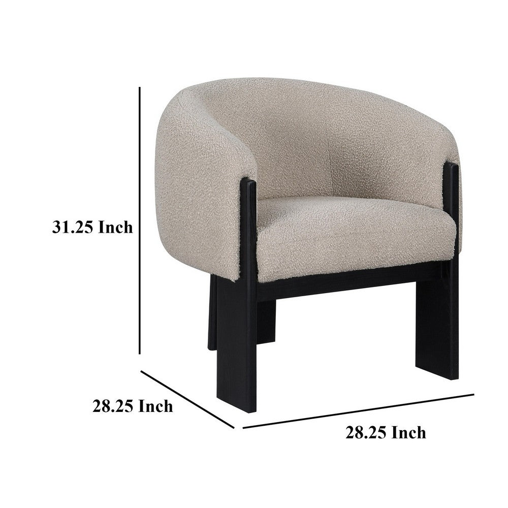 Benjara Vala Accent Chair, Modern Plush Beige Boucle Barrel Back, Black Wood